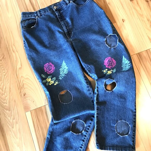 Upcycled Sonoma Jeans w/Cut-Outs, Painted Flower Funky Pants, Size 16 Short - Picture 11 of 15
